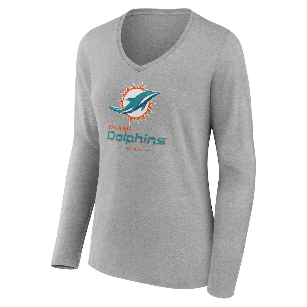 Miami Dolphins Women's Logo Team Lockup Long Sleeve V-Neck T-Shirt Heather Gray - NFL