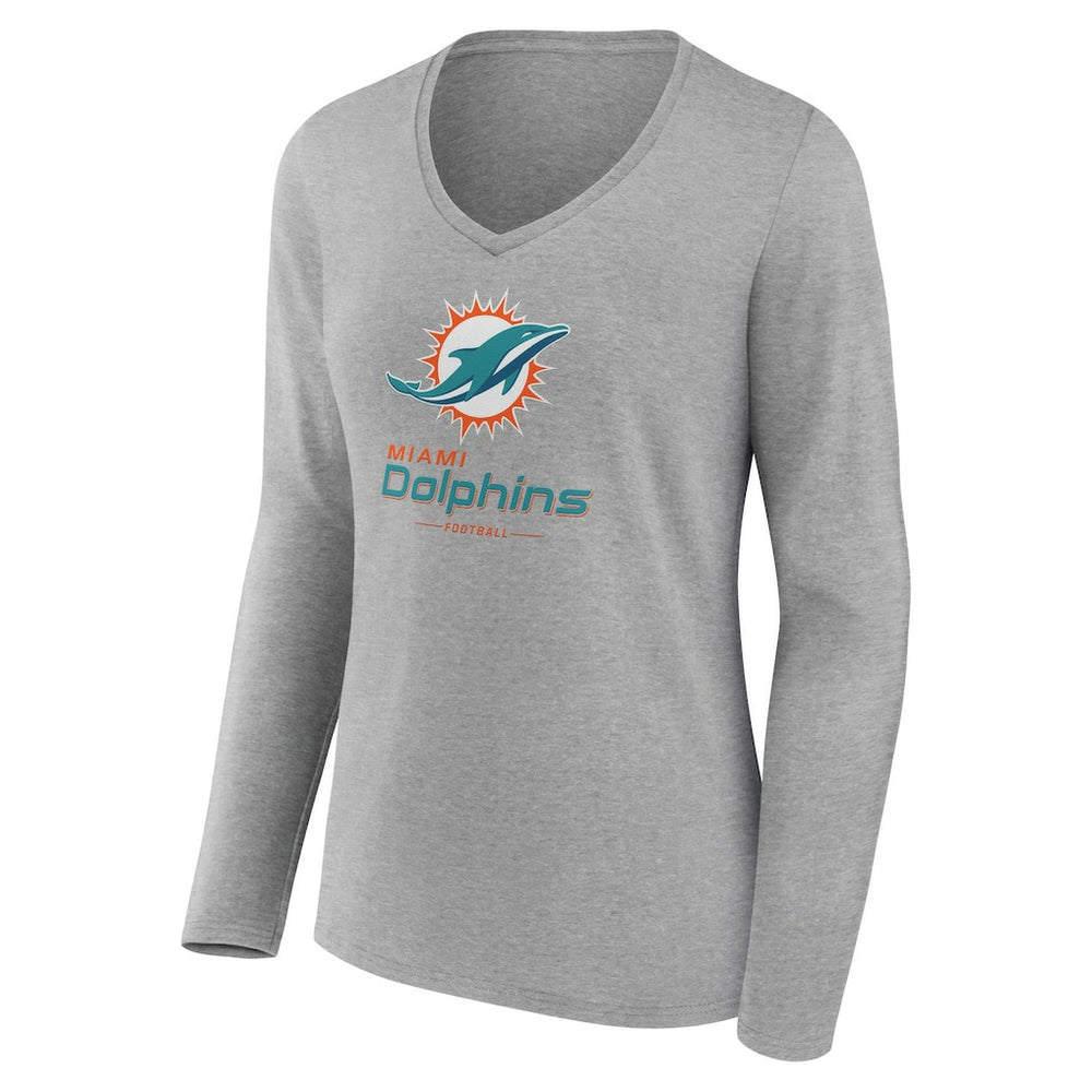 Miami Dolphins Women's Logo Team Lockup Long Sleeve V-Neck T-Shirt Heather Gray - NFL