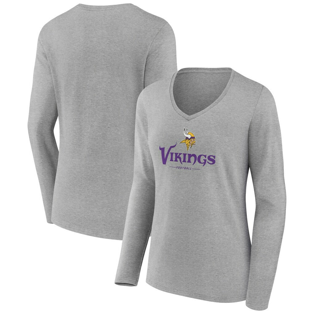 Minnesota Vikings Women's Logo Team Lockup Long Sleeve V-Neck T-Shirt Heather Gray - NFL