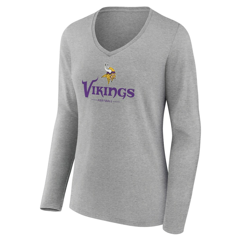 Minnesota Vikings Women's Logo Team Lockup Long Sleeve V-Neck T-Shirt Heather Gray - NFL