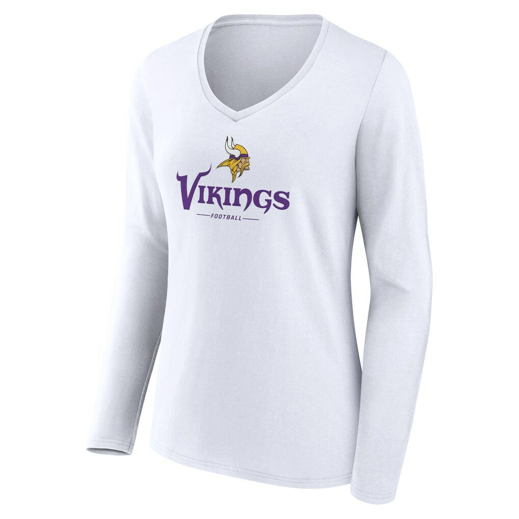Minnesota Vikings Women's Logo Team Lockup Long Sleeve V-Neck T-Shirt White - NFL