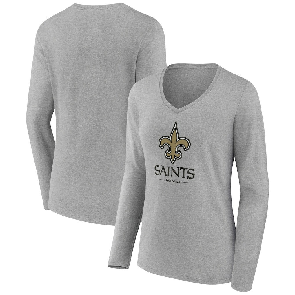New Orleans Saints Women's Logo Team Lockup Long Sleeve V-Neck T-Shirt Heather Gray - NFL