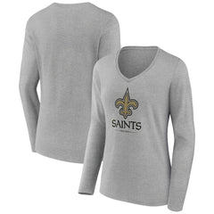 New Orleans Saints Women's Logo Team Lockup Long Sleeve V-Neck T-Shirt Heather Gray - NFL