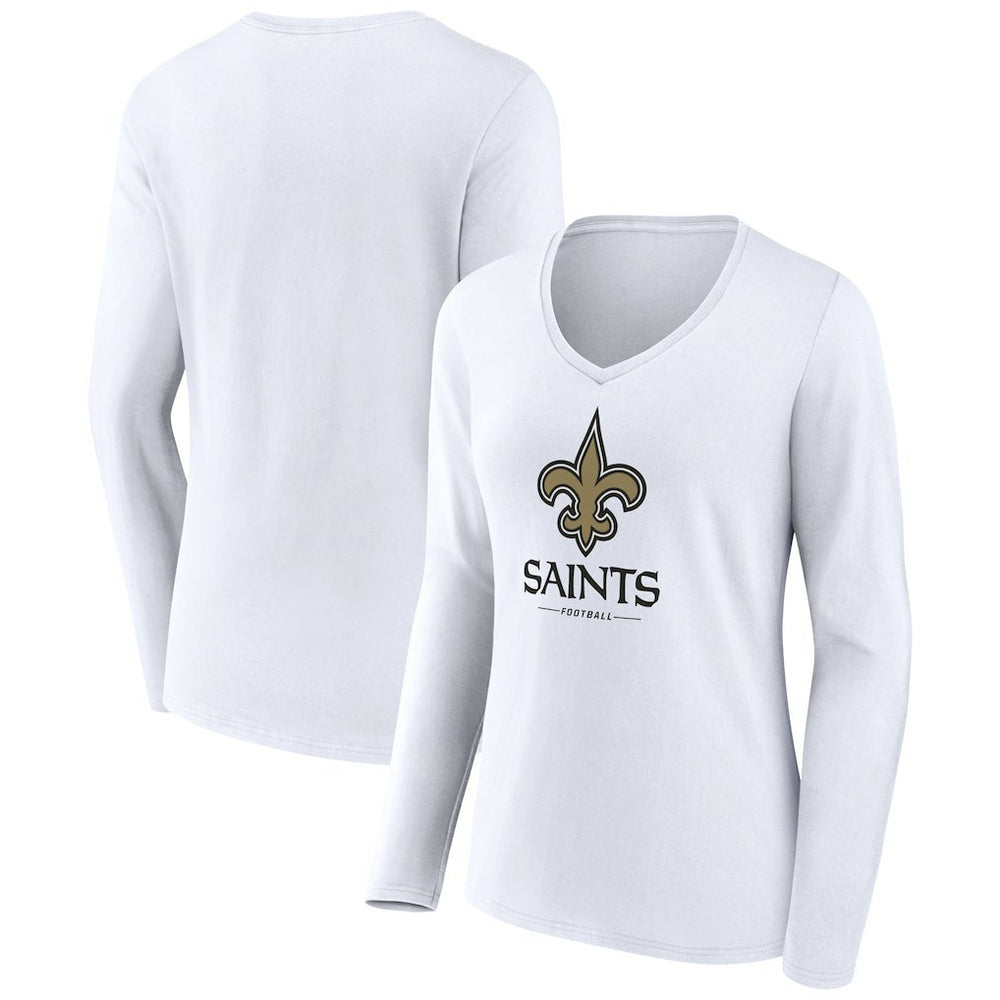 New Orleans Saints Women's Logo Team Lockup Long Sleeve V-Neck T-Shirt White - NFL