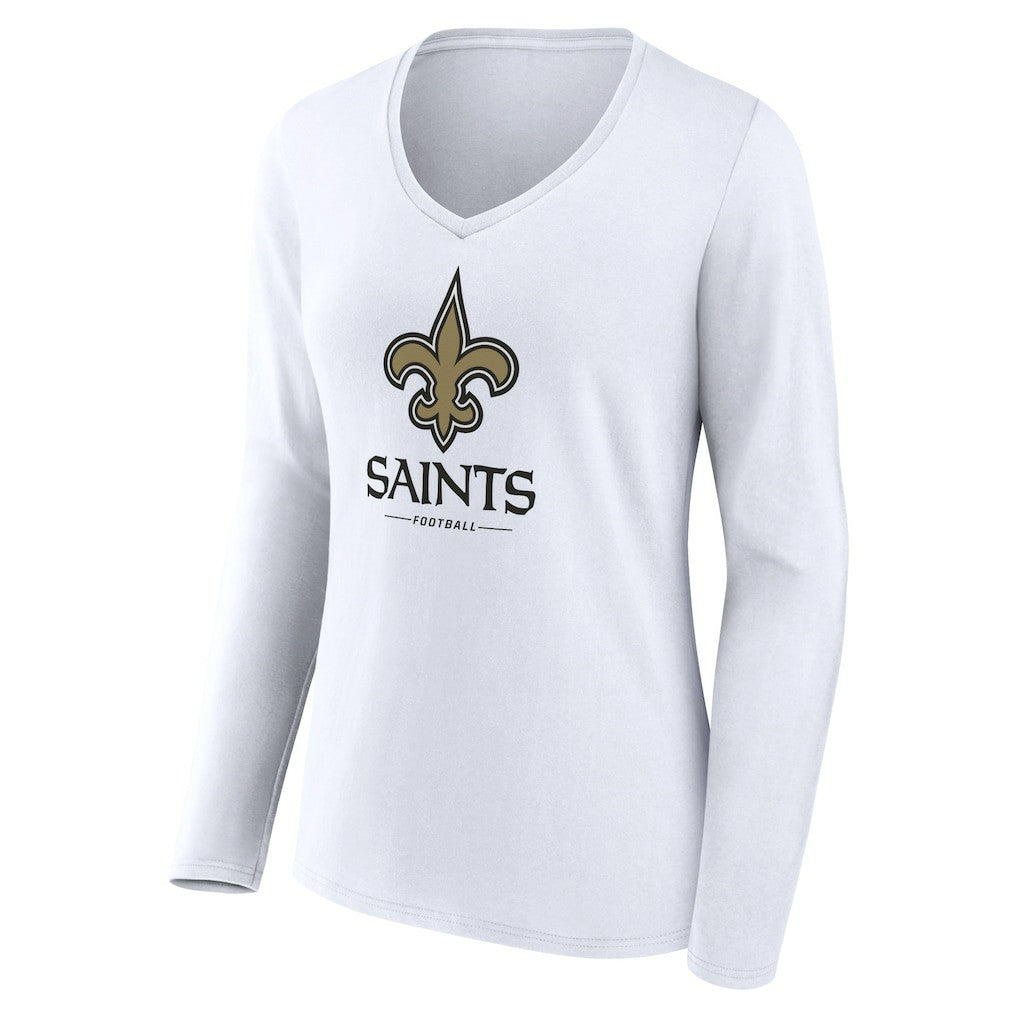 New Orleans Saints Women's Logo Team Lockup Long Sleeve V-Neck T-Shirt White - NFL