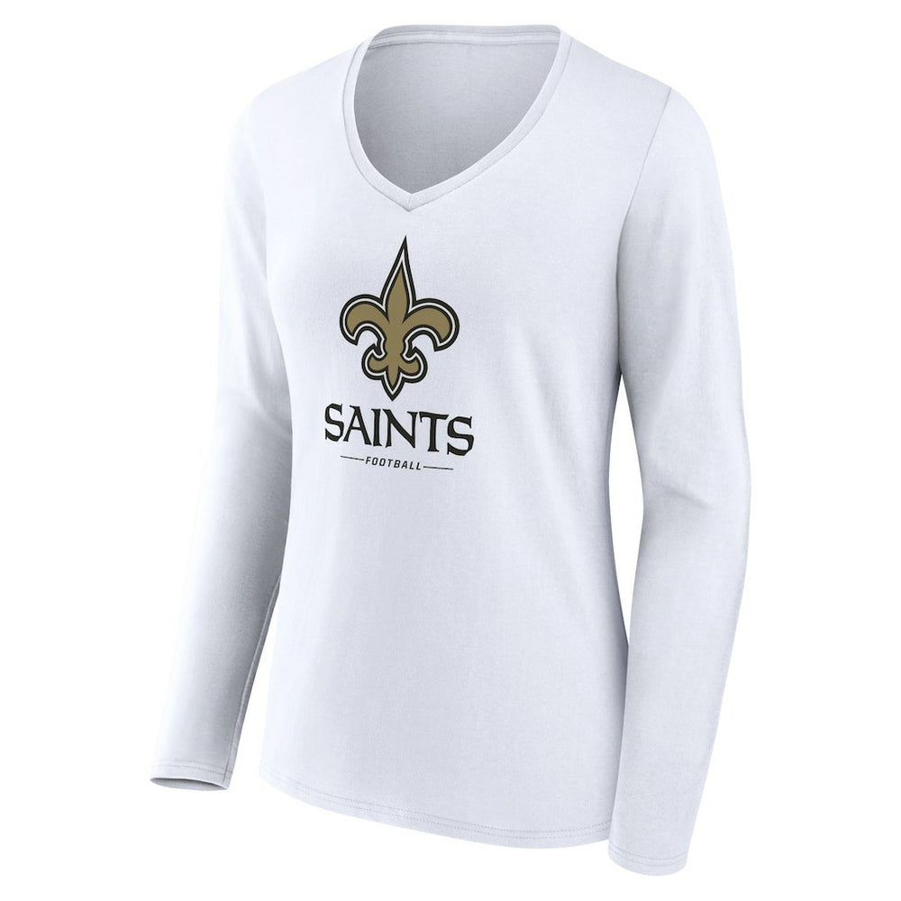 New Orleans Saints Women's Logo Team Lockup Long Sleeve V-Neck T-Shirt White - NFL