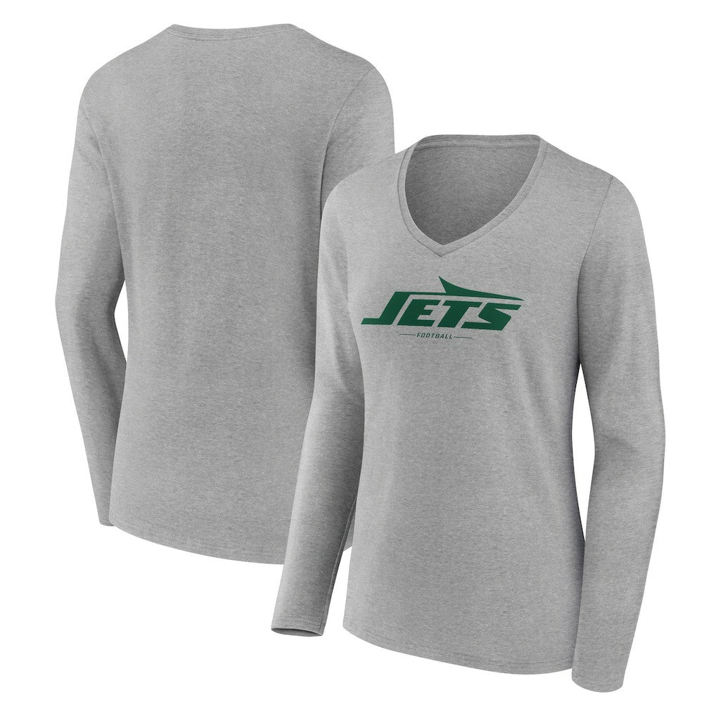 New York Jets Women's Logo Team Lockup Long Sleeve V-Neck T-Shirt Heather Gray - NFL