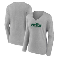 New York Jets Women's Logo Team Lockup Long Sleeve V-Neck T-Shirt Heather Gray - NFL