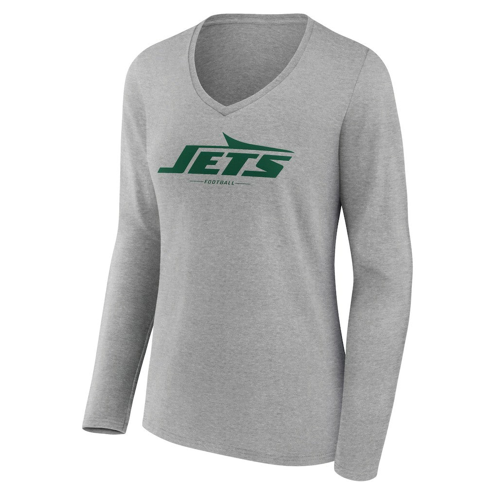 New York Jets Women's Logo Team Lockup Long Sleeve V-Neck T-Shirt Heather Gray - NFL