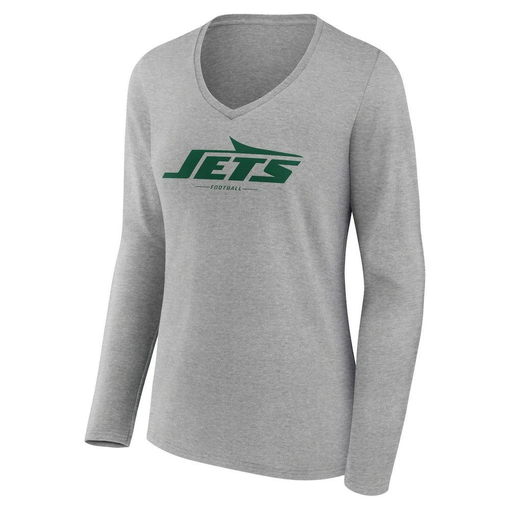New York Jets Women's Logo Team Lockup Long Sleeve V-Neck T-Shirt Heather Gray - NFL