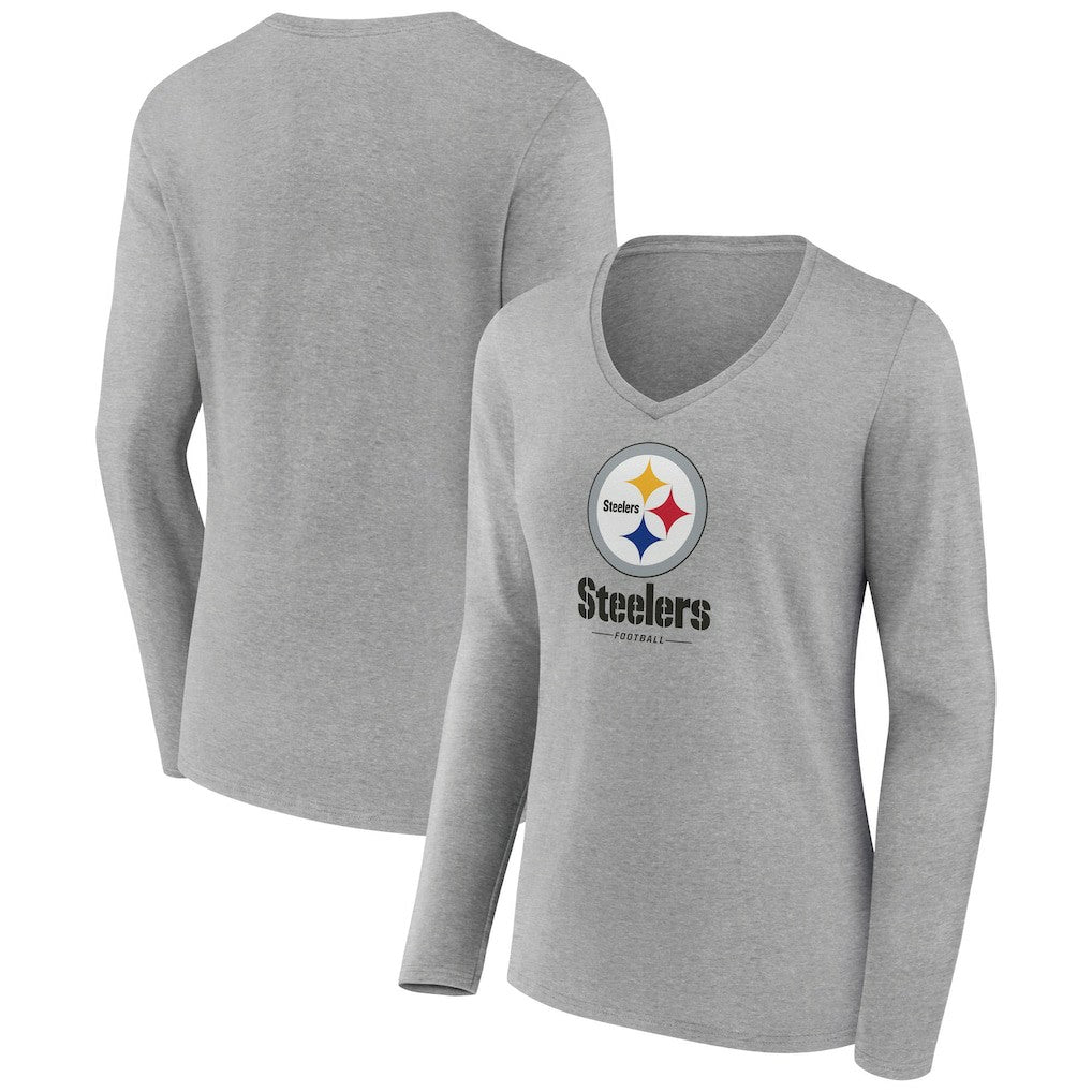 Pittsburgh Steelers Women's Logo Team Lockup Long Sleeve V-Neck T-Shirt Heather Gray - NFL