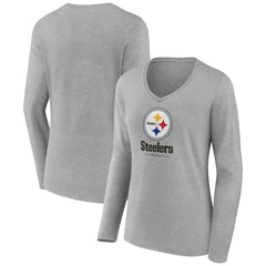 Pittsburgh Steelers Women's Logo Team Lockup Long Sleeve V-Neck T-Shirt Heather Gray - NFL