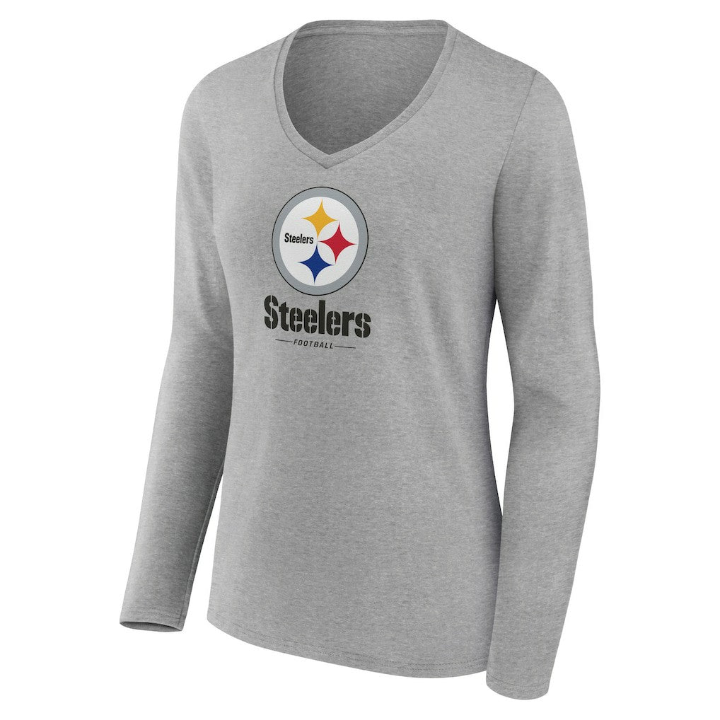 Pittsburgh Steelers Women's Logo Team Lockup Long Sleeve V-Neck T-Shirt Heather Gray - NFL