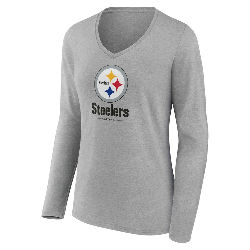 Pittsburgh Steelers Women's Logo Team Lockup Long Sleeve V-Neck T-Shirt Heather Gray - NFL