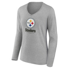 Pittsburgh Steelers Women's Logo Team Lockup Long Sleeve V-Neck T-Shirt Heather Gray - NFL