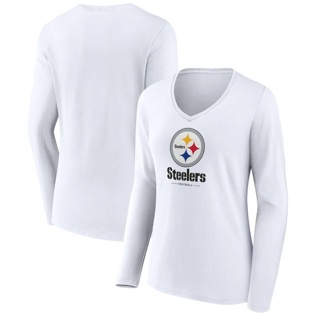 Pittsburgh Steelers Women's Logo Team Lockup Long Sleeve V-Neck T-Shirt White - NFL