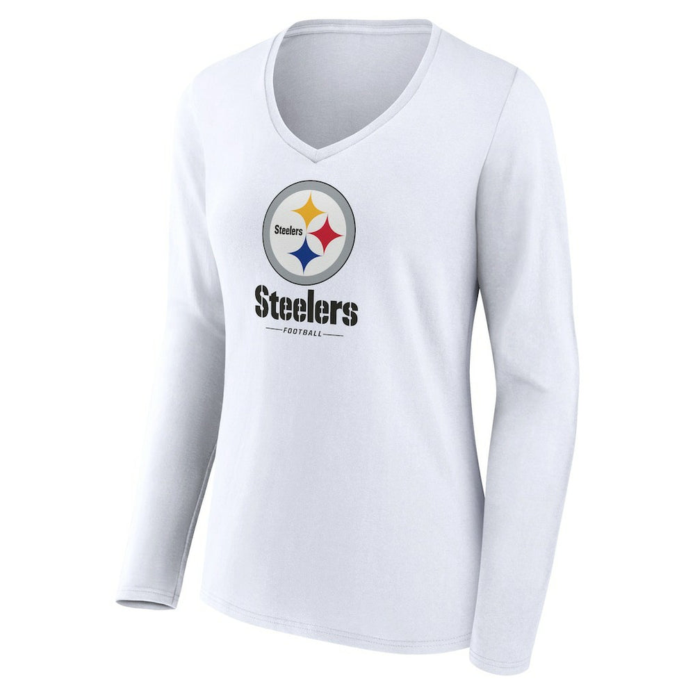 Pittsburgh Steelers Women's Logo Team Lockup Long Sleeve V-Neck T-Shirt White - NFL
