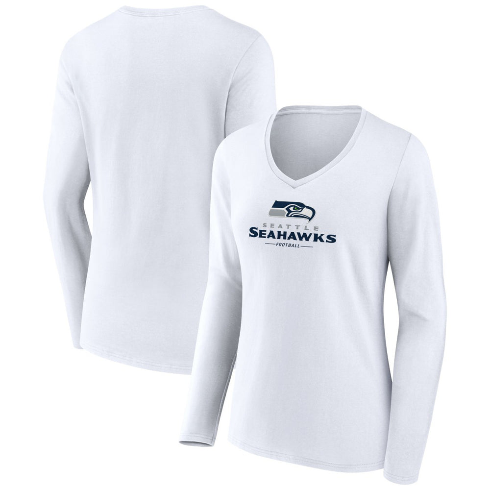 Seattle Seahawks Women's Logo Team Lockup Long Sleeve V-Neck T-Shirt White - NFL