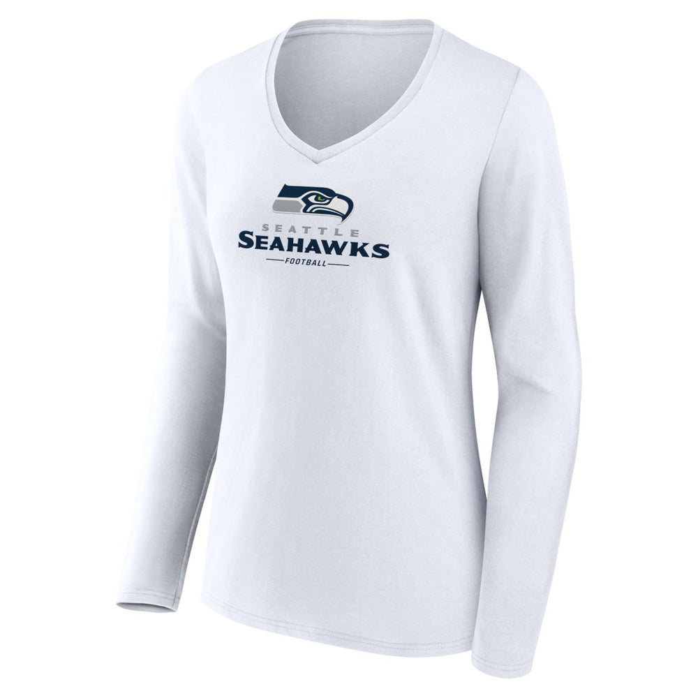 Seattle Seahawks Women's Logo Team Lockup Long Sleeve V-Neck T-Shirt White - NFL