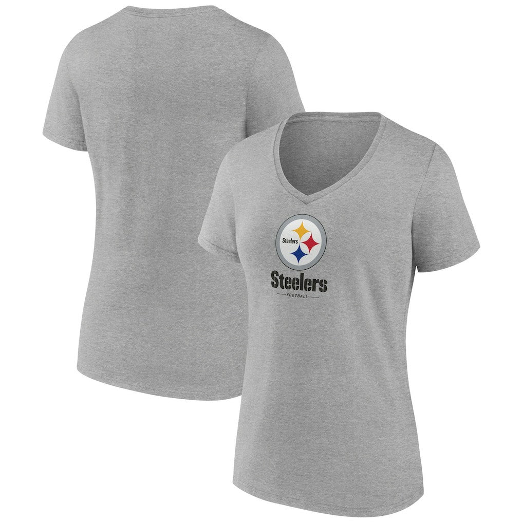 Pittsburgh Steelers Women's Logo Team Lockup V-Neck T-Shirt Gray - NFL