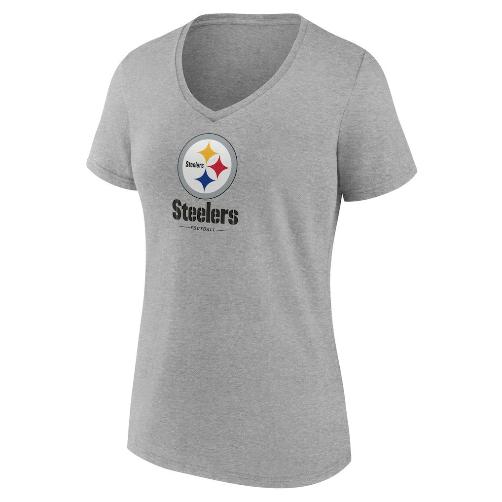 Pittsburgh Steelers Women's Logo Team Lockup V-Neck T-Shirt Gray - NFL