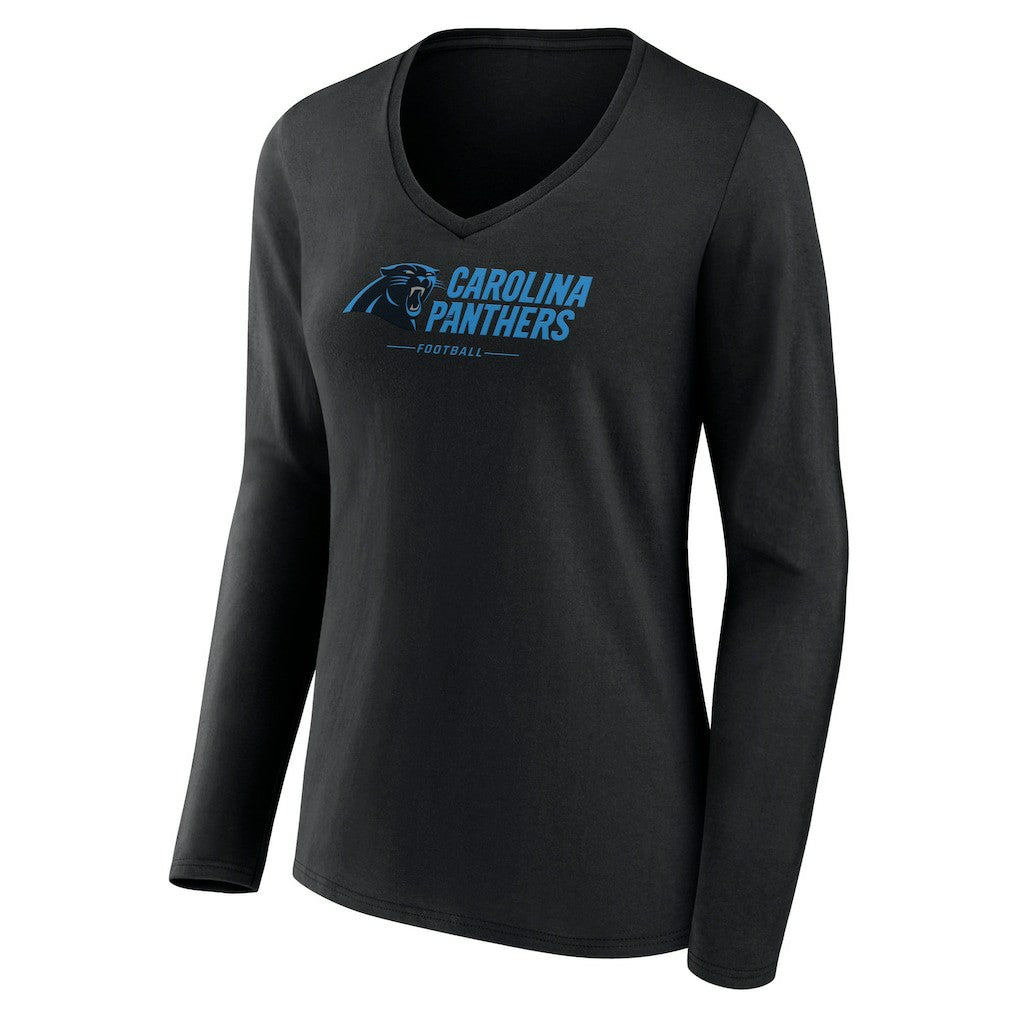 Carolina Panthers Women's Logo Team Lockup Long Sleeve V-Neck T-Shirt Black - NFL