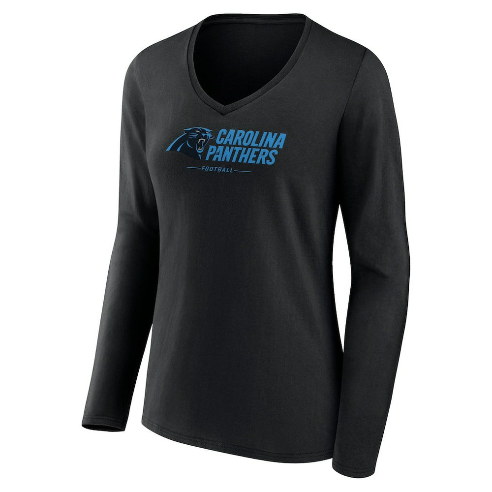 Carolina Panthers Women's Logo Team Lockup Long Sleeve V-Neck T-Shirt Black - NFL