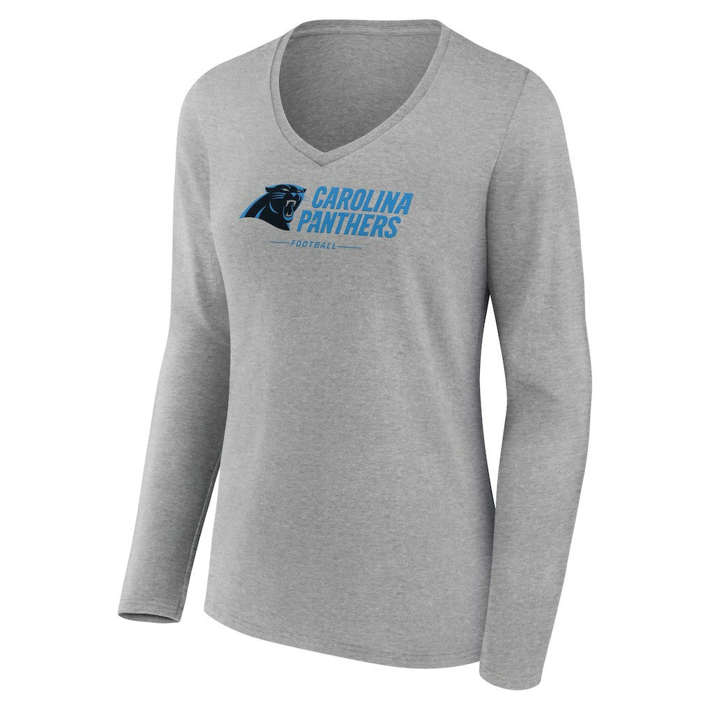 Carolina Panthers Women's Logo Team Lockup Long Sleeve V-Neck T-Shirt Heather Gray - NFL