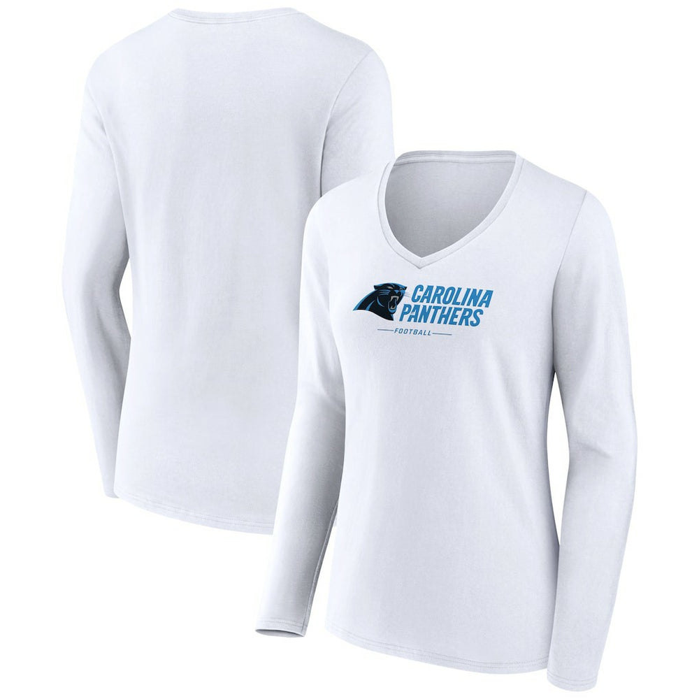 Carolina Panthers Women's Logo Team Lockup Long Sleeve V-Neck T-Shirt White - NFL