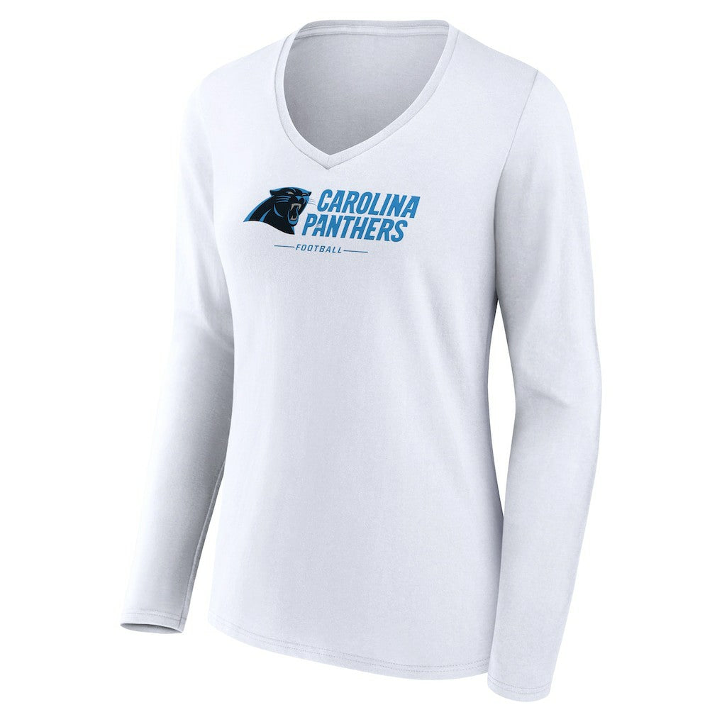 Carolina Panthers Women's Logo Team Lockup Long Sleeve V-Neck T-Shirt White - NFL
