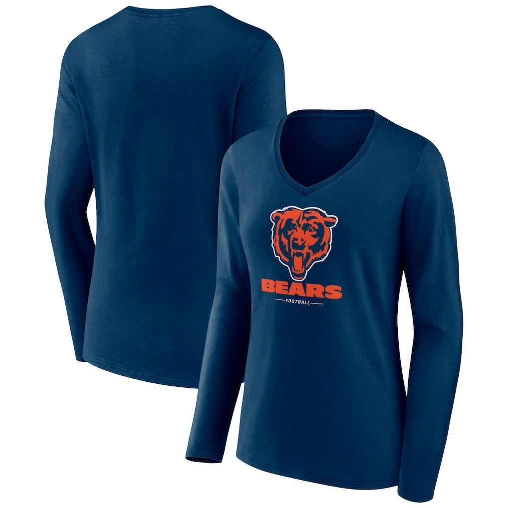 Chicago Bears Women's Logo Team Lockup Long Sleeve V-Neck T-Shirt Navy - NFL