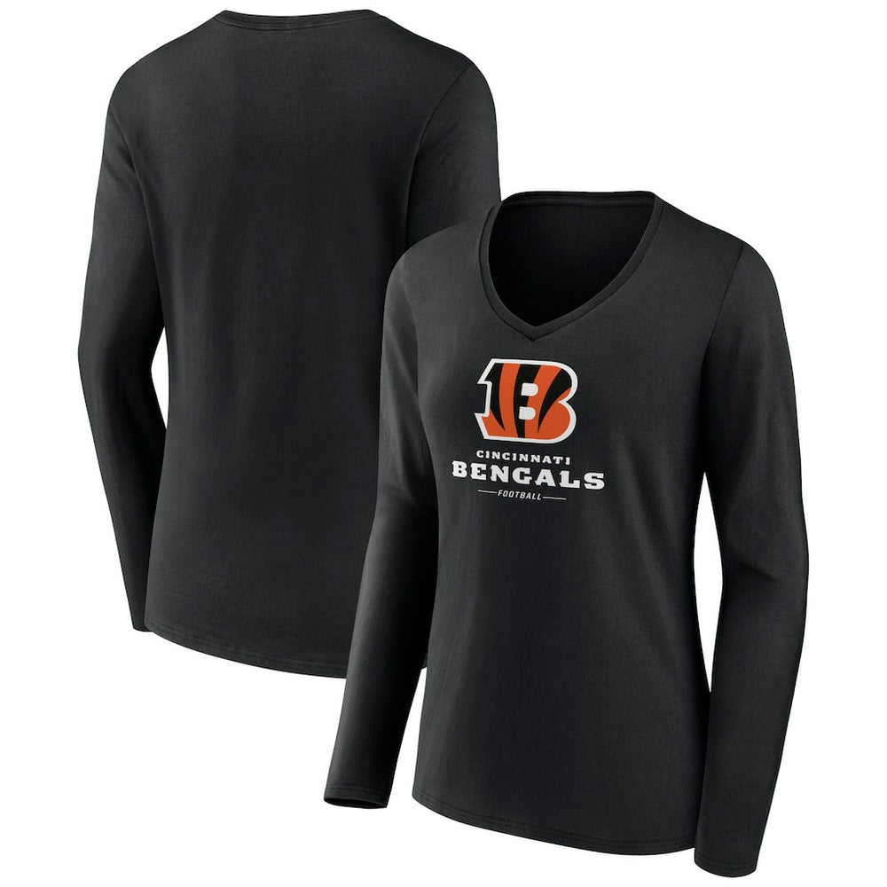 Cincinnati Bengals Women's Logo Team Lockup Long Sleeve V-Neck T-Shirt Black - NFL