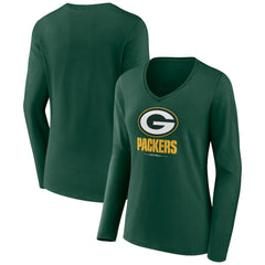 Green Bay Packers Women's Logo Team Lockup Long Sleeve V-Neck T-Shirt Green - NFL