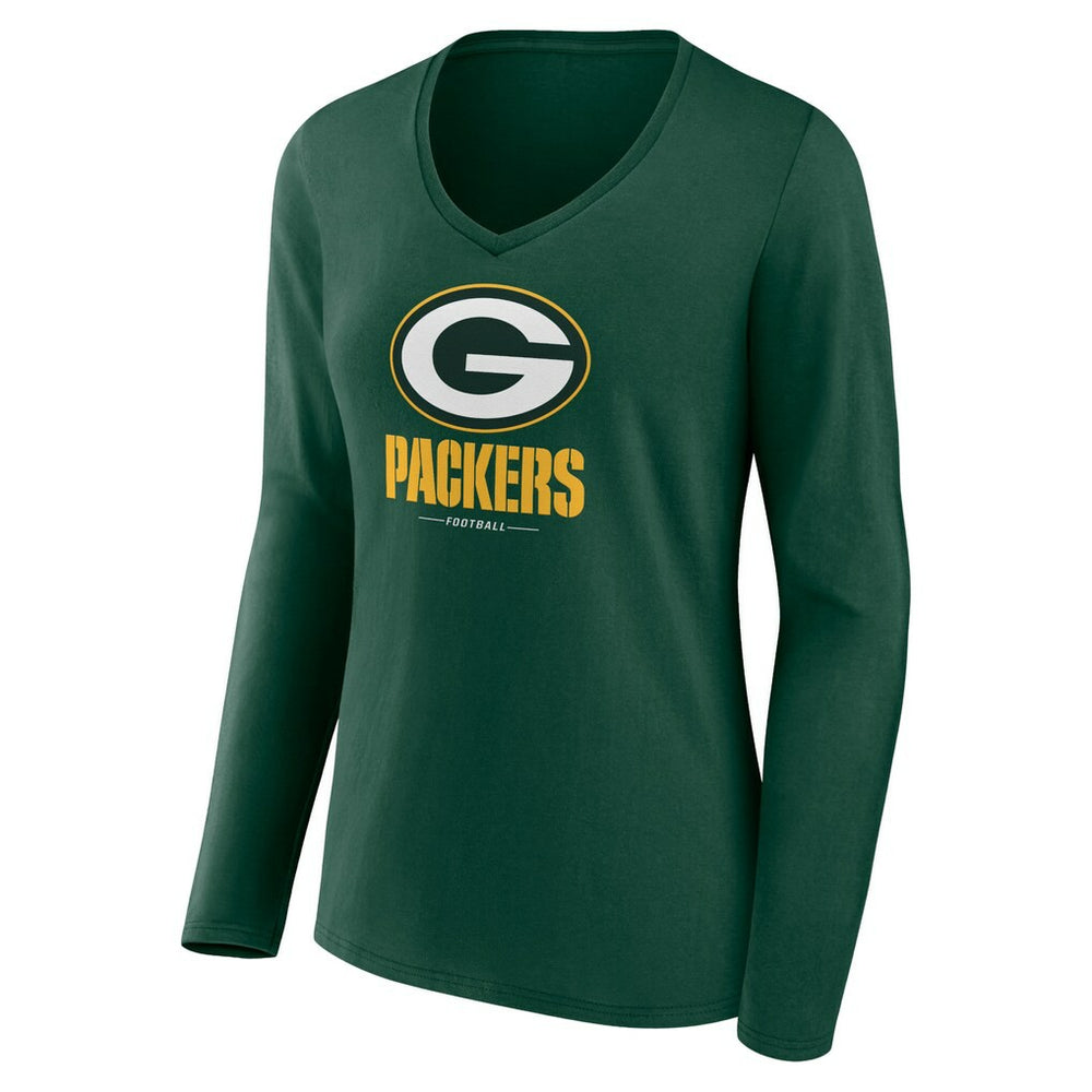 Green Bay Packers Women's Logo Team Lockup Long Sleeve V-Neck T-Shirt Green - NFL