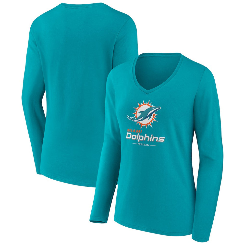 Miami Dolphins Women's Logo Team Lockup Long Sleeve V-Neck T-Shirt Aqua - NFL