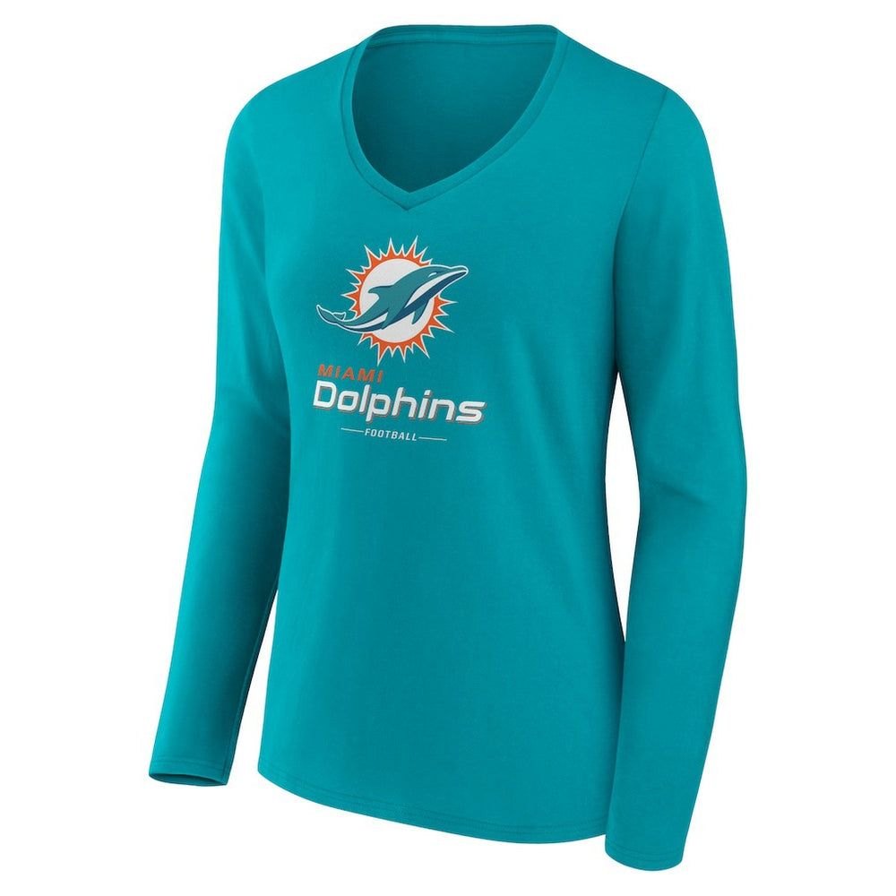 Miami Dolphins Women's Logo Team Lockup Long Sleeve V-Neck T-Shirt Aqua - NFL