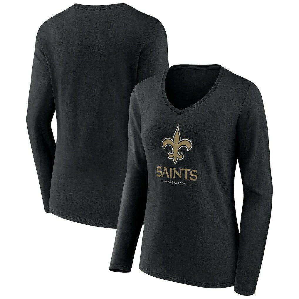 New Orleans Saints Women's Logo Team Lockup Long Sleeve V-Neck T-Shirt Black - NFL