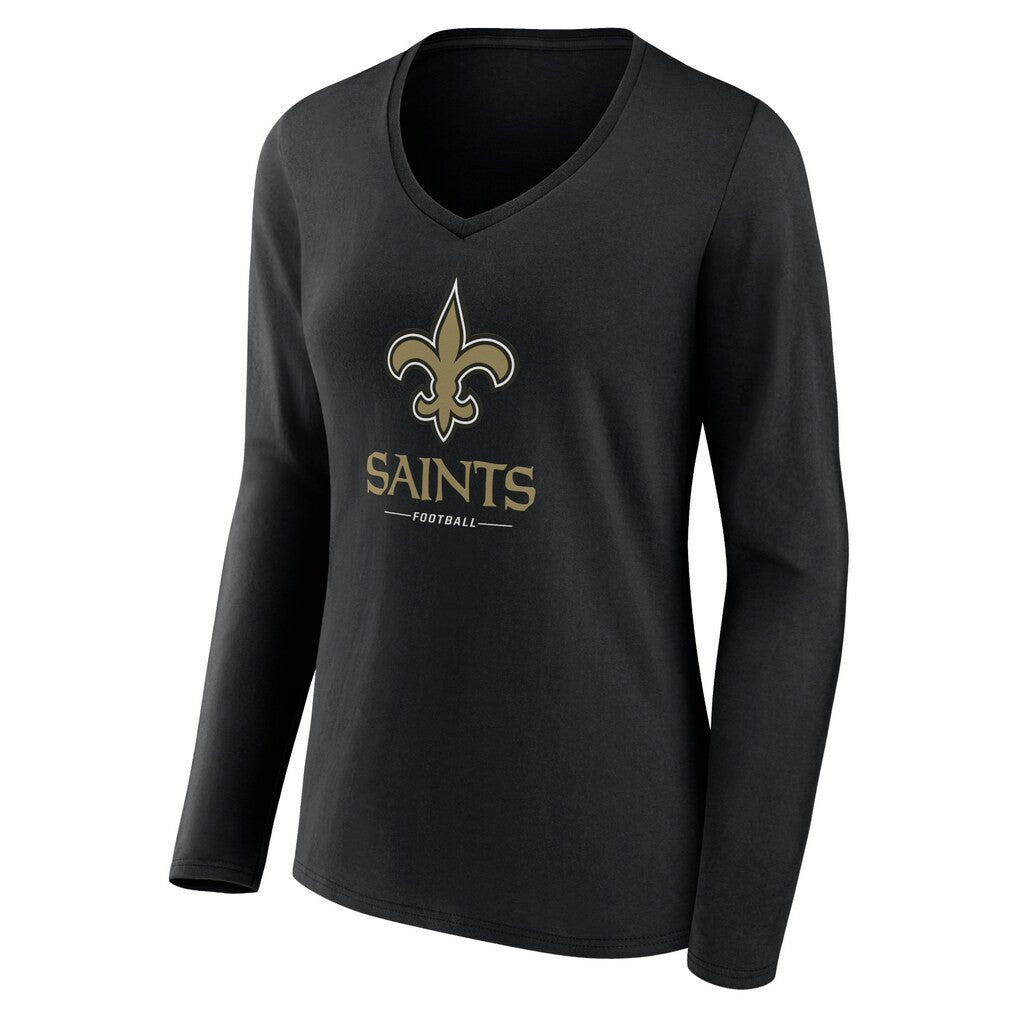 New Orleans Saints Women's Logo Team Lockup Long Sleeve V-Neck T-Shirt Black - NFL