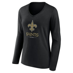 New Orleans Saints Women's Logo Team Lockup Long Sleeve V-Neck T-Shirt Black - NFL