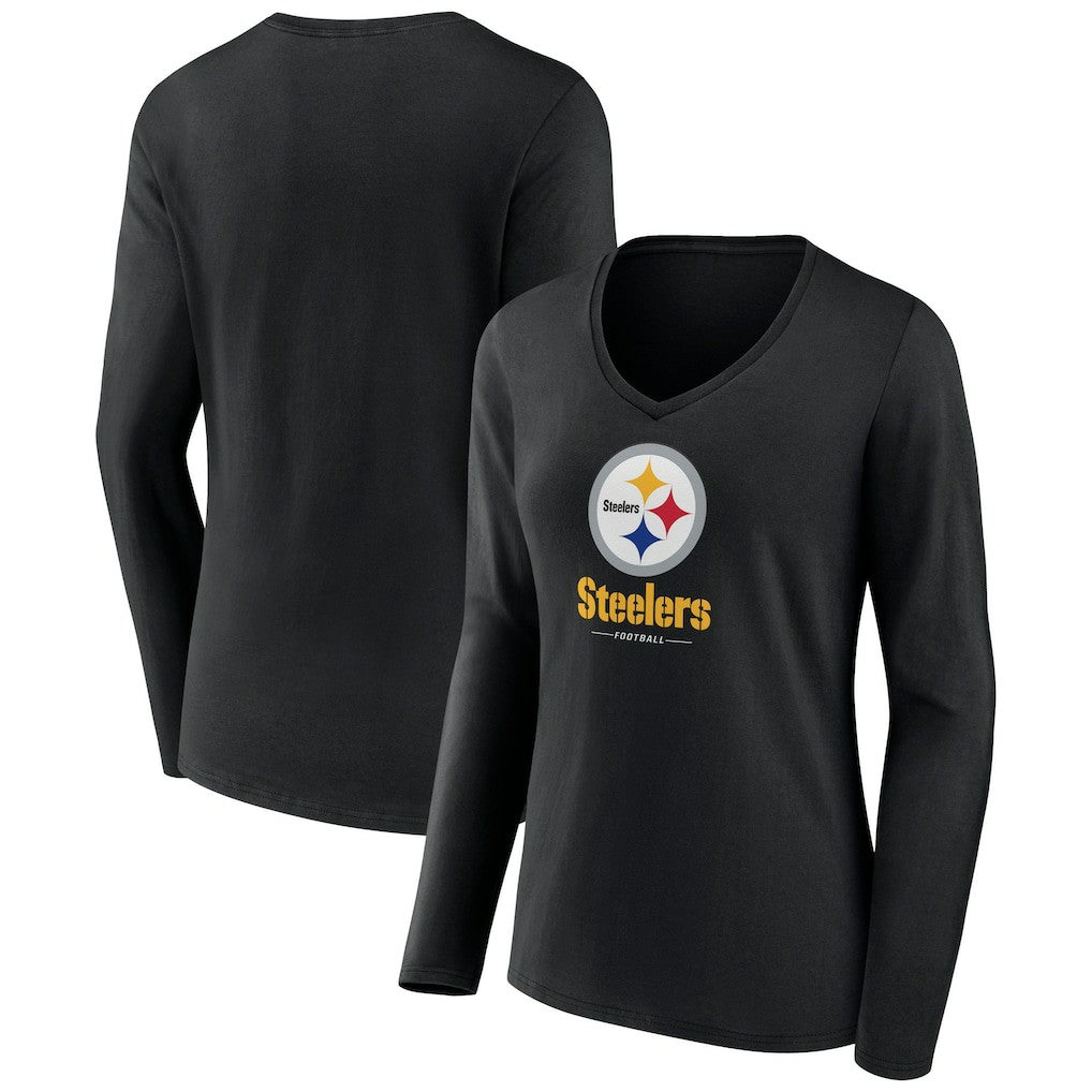 Pittsburgh Steelers Women's Logo Team Lockup Long Sleeve V-Neck T-Shirt Black - NFL