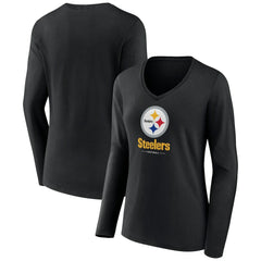 Pittsburgh Steelers Women's Logo Team Lockup Long Sleeve V-Neck T-Shirt Black - NFL