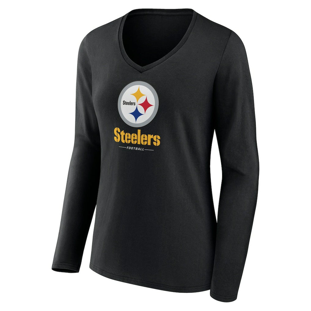 Pittsburgh Steelers Women's Logo Team Lockup Long Sleeve V-Neck T-Shirt Black - NFL