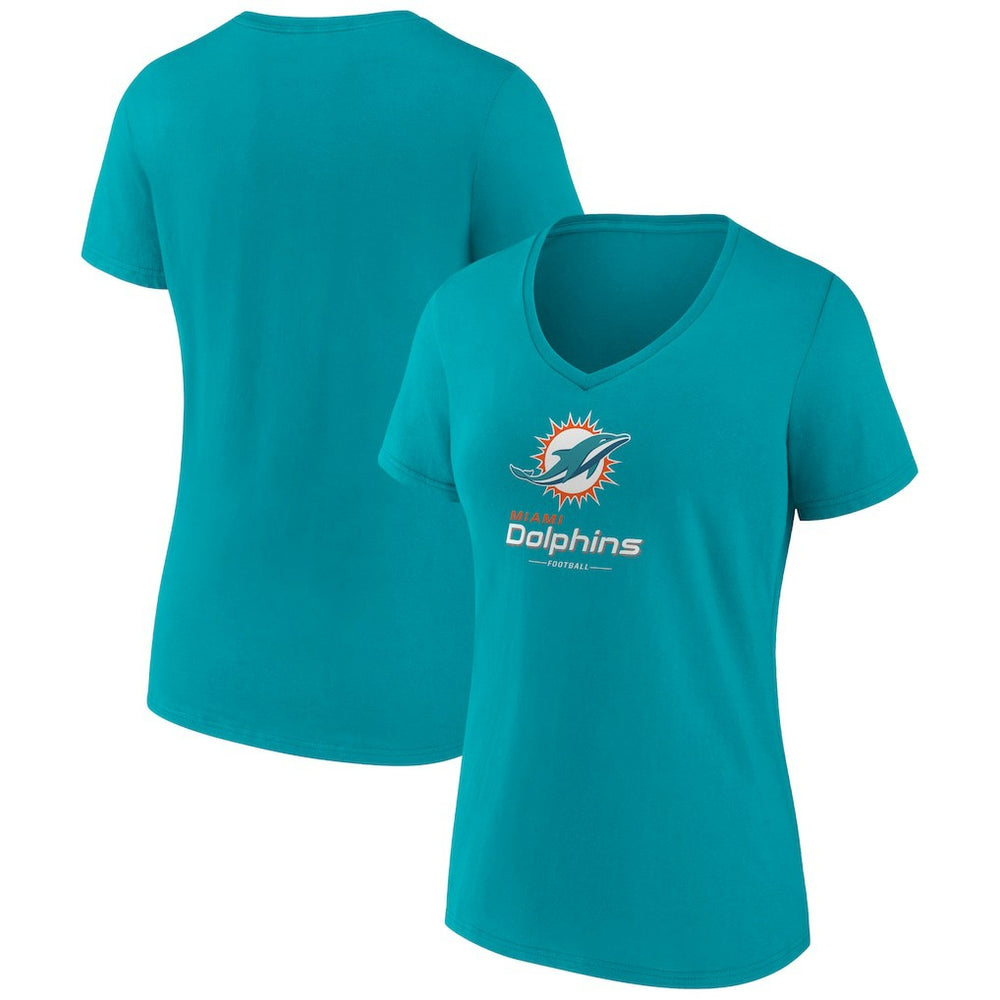 Miami Dolphins Women's Logo Team Lockup V-Neck T-Shirt Aqua - NFL
