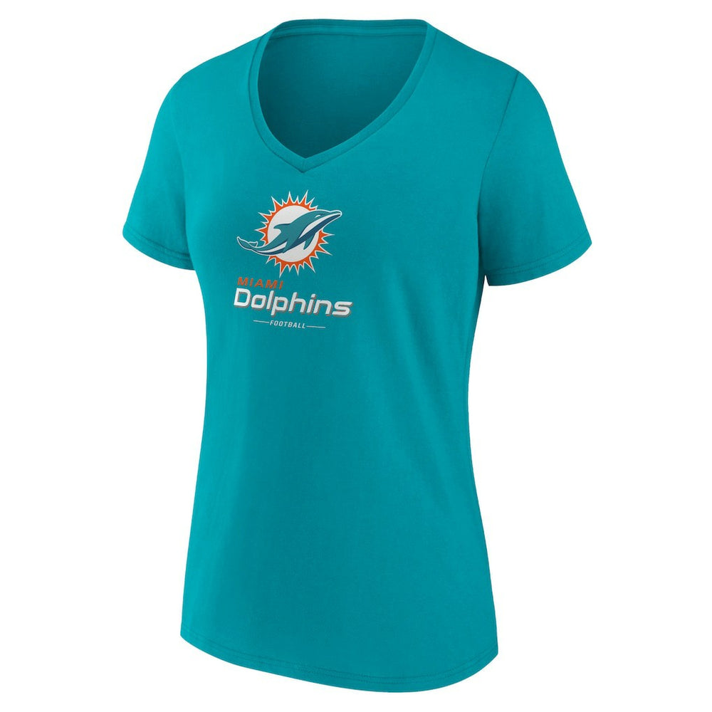 Miami Dolphins Women's Logo Team Lockup V-Neck T-Shirt Aqua - NFL