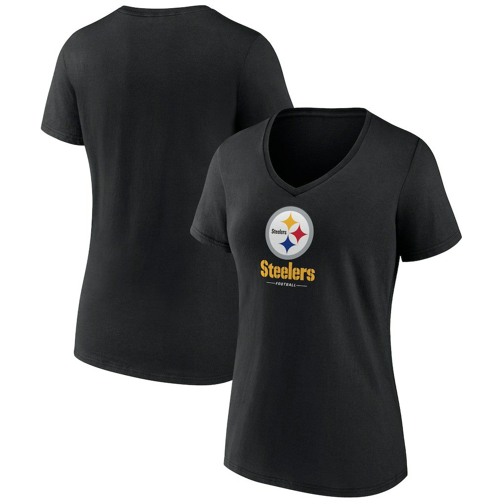 Pittsburgh Steelers Women's Logo Team Lockup V-Neck T-Shirt Black - NFL