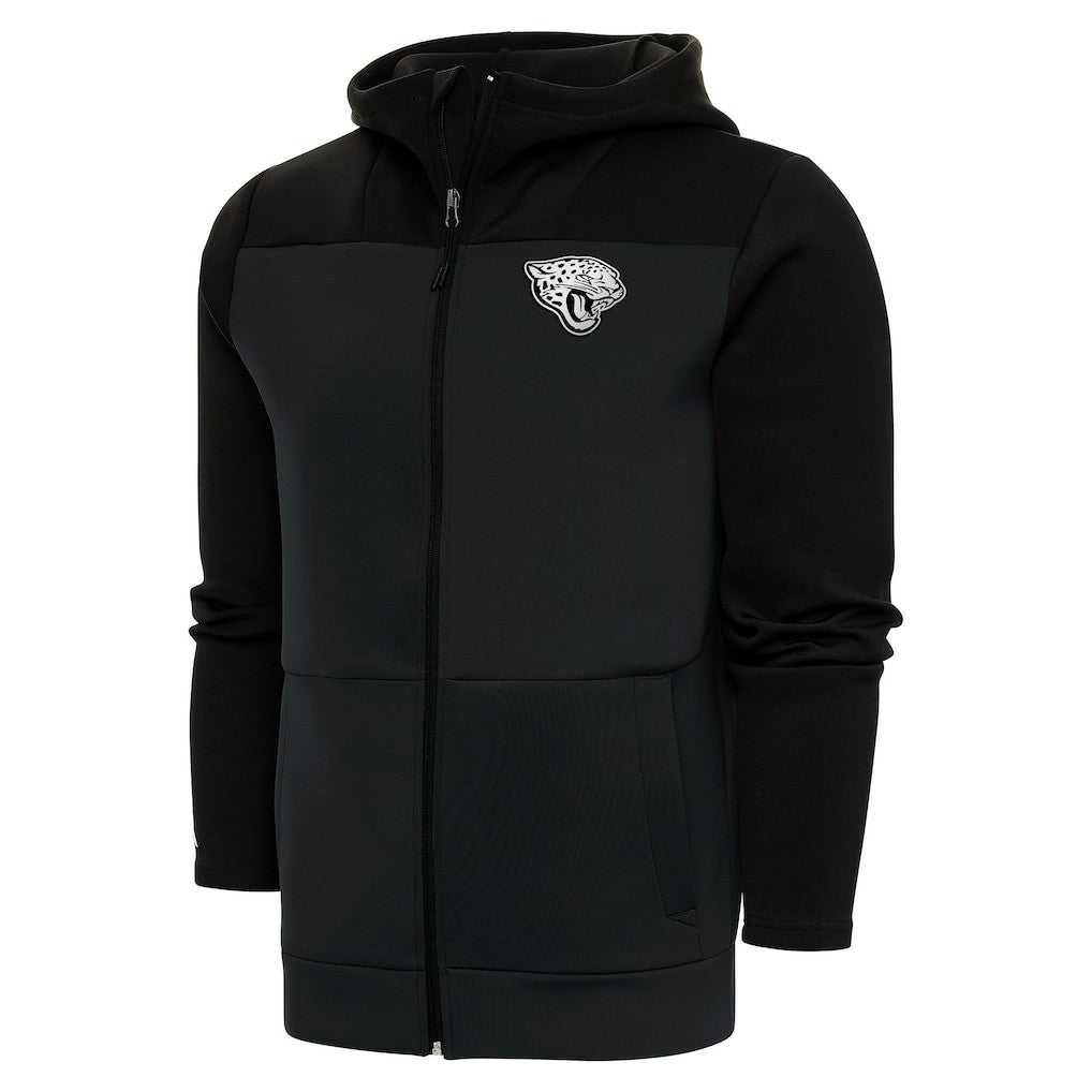Jacksonville Jaguars Antigua Metallic Logo Protect Full-Zip Hoodie Charcoal/Black - NFL