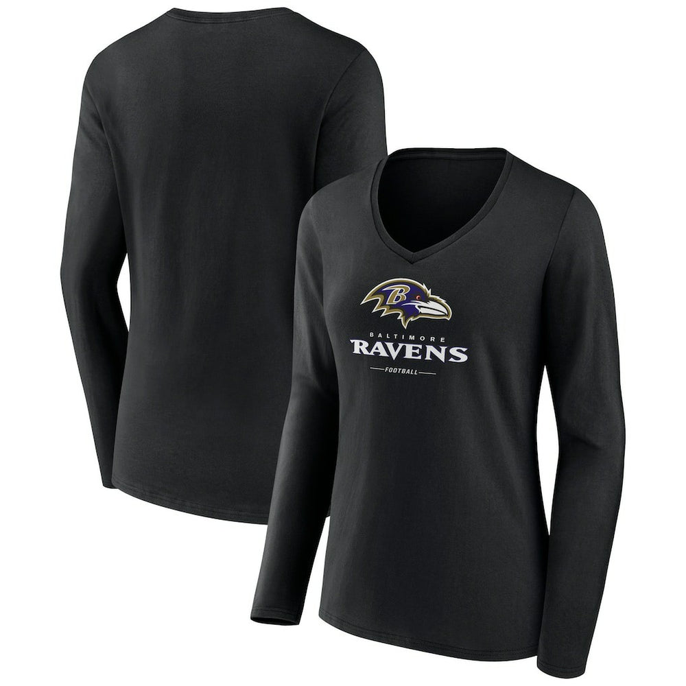 Baltimore Ravens Women's Logo Team Lockup Long Sleeve V-Neck T-Shirt Black - NFL