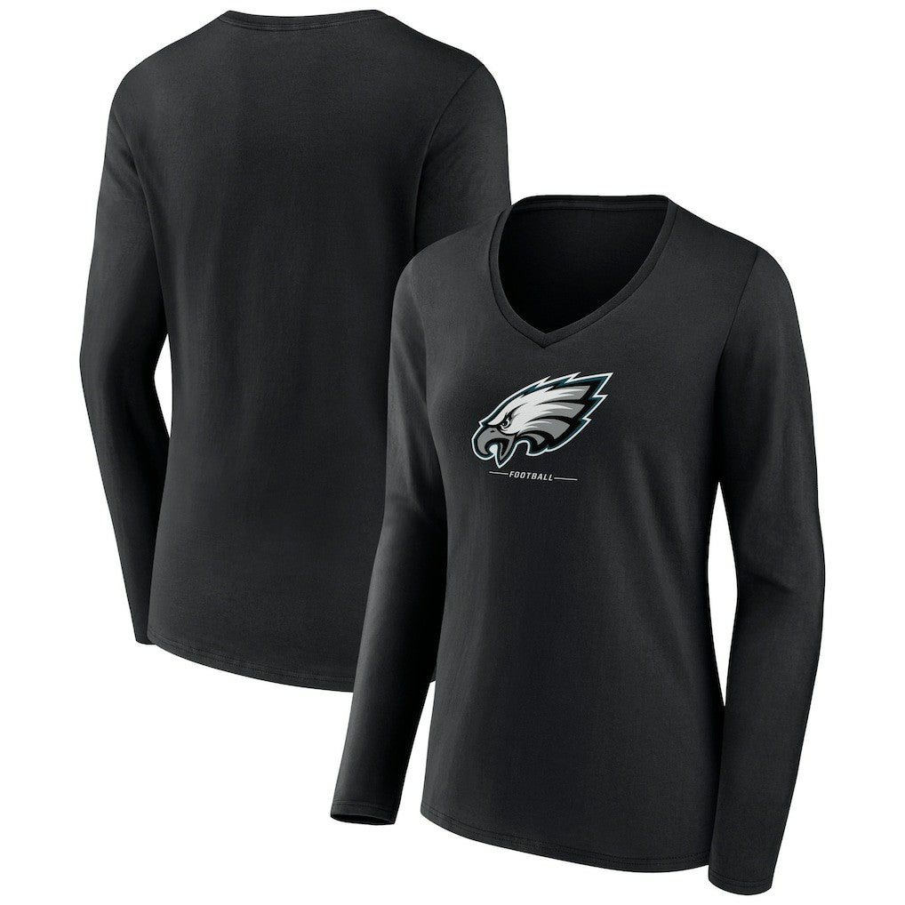 Philadelphia Eagles Women's Logo Team Lockup Long Sleeve V-Neck T-Shirt Black - NFL