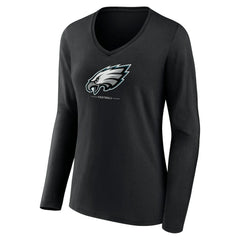 Philadelphia Eagles Women's Logo Team Lockup Long Sleeve V-Neck T-Shirt Black - NFL