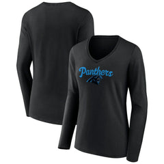 Carolina Panthers Women's Freehand Team Long Sleeve V-Neck T-Shirt Black - NFL